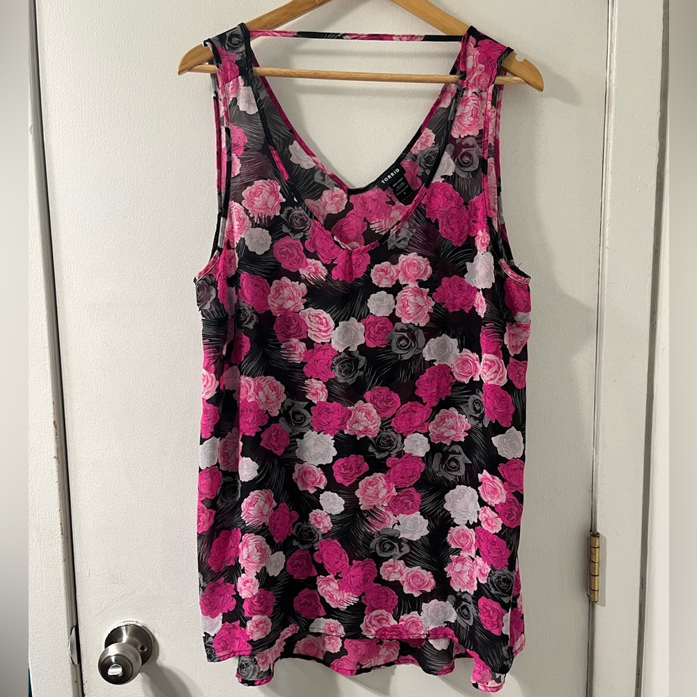 Torrid Rose Floral Semi-Sheer Chiffon V-Neck Tank Top Size 1